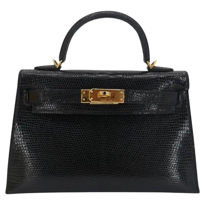 Kelly II Sellier Mini Black Shiny Lizard Gold Hardware