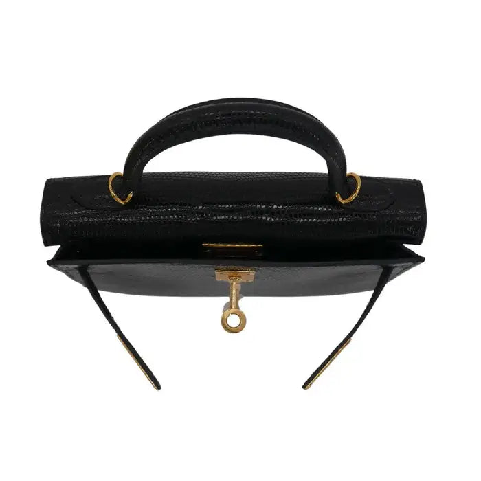 Kelly II Sellier Mini Black Shiny Lizard Gold Hardware