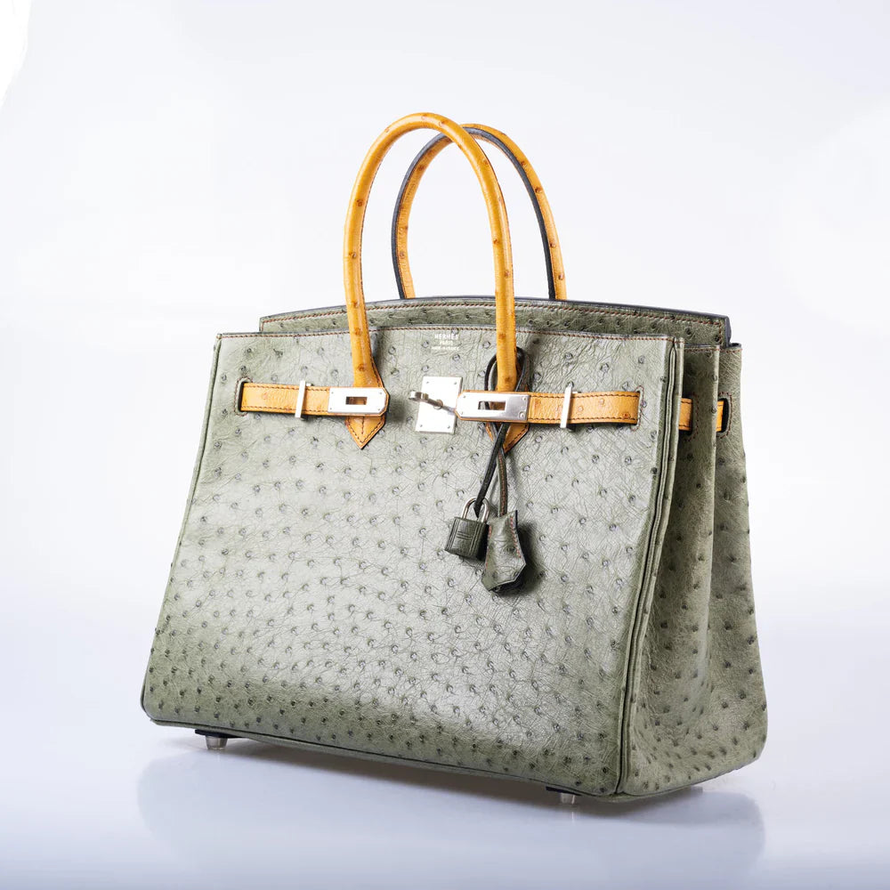 BIRKIN 35 SPECIAL ORDER VERT OLIVE & SABLE OSTRICH PALLADIUM HARDWARE