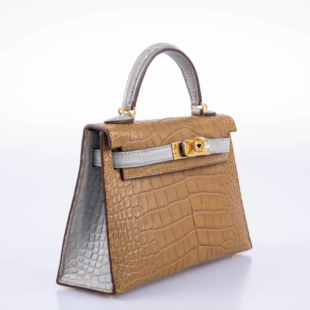 HSS KELLY 20 MINI II SELLIER KRAFT AND GRIS PERLE MATTE ALLIGATOR WITH GOLD HARDWARE