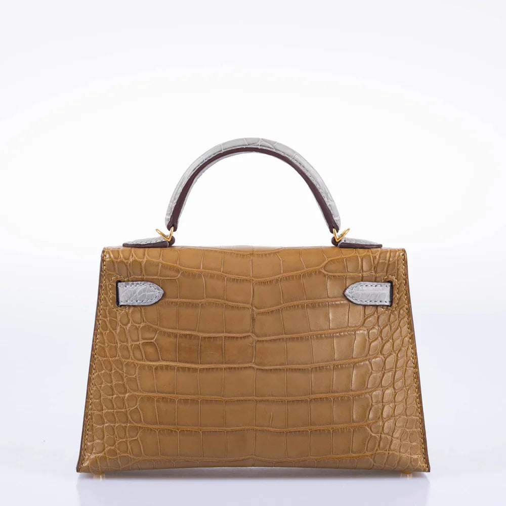 HSS KELLY 20 MINI II SELLIER KRAFT AND GRIS PERLE MATTE ALLIGATOR WITH GOLD HARDWARE