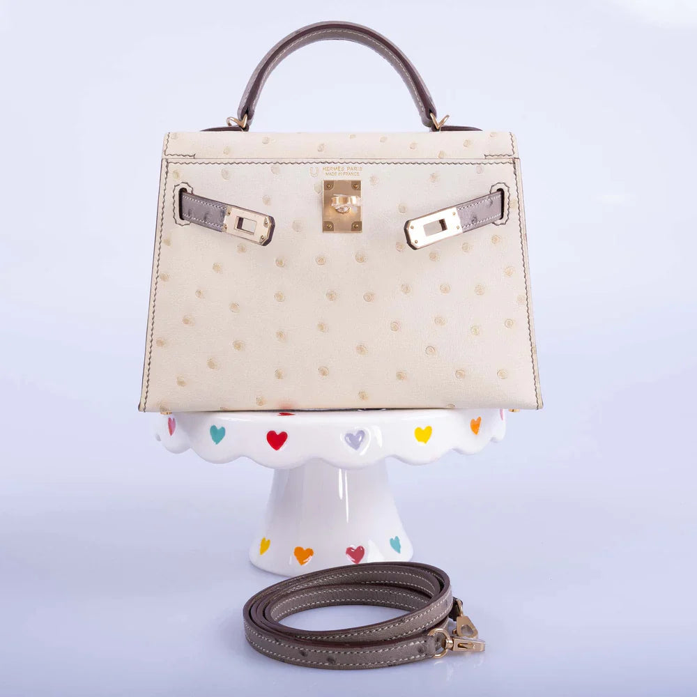 HSS KELLY MINI 20 SELLIER PARCHMENT AND ETOUPE OSTRICH CHAMPAGNE HARDWARE
