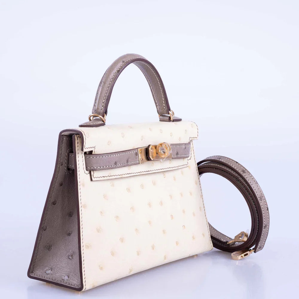 HSS KELLY MINI 20 SELLIER PARCHMENT AND ETOUPE OSTRICH CHAMPAGNE HARDWARE