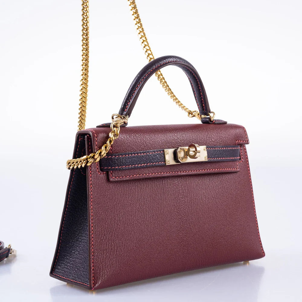 HSS MINI KELLY 20 BORDEAUX AND RAISIN CHEVRE GOLD HARDWARE