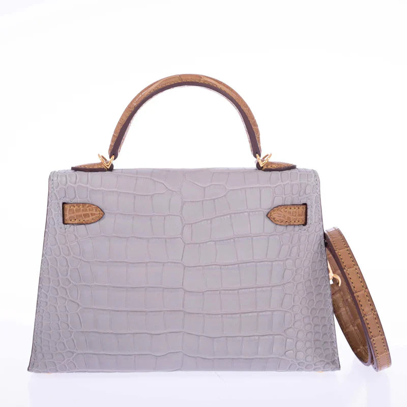 Kelly 20 HSS Mini II Sellier Gris Perle and Kraft Matte Alligator Gold Hardware