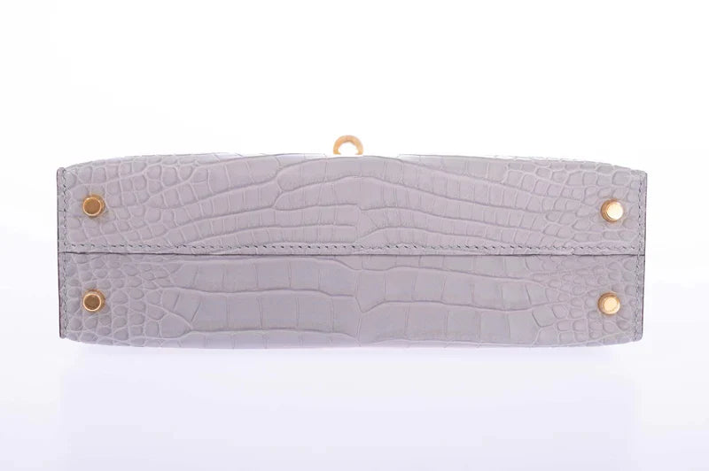 Kelly 20 HSS Mini II Sellier Gris Perle and Kraft Matte Alligator Gold Hardware