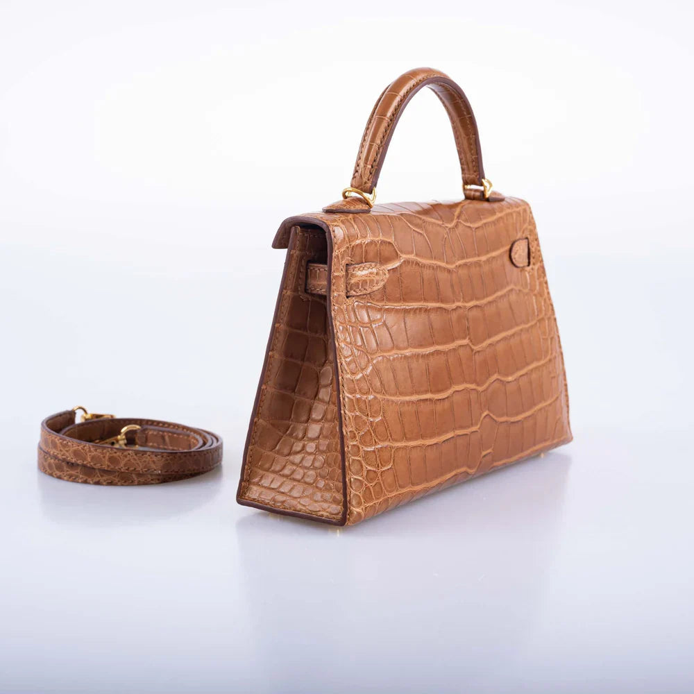 KELLY 20 MINI II SELLIER GOLD MATTE ALLIGATOR WITH GOLD HARDWARE