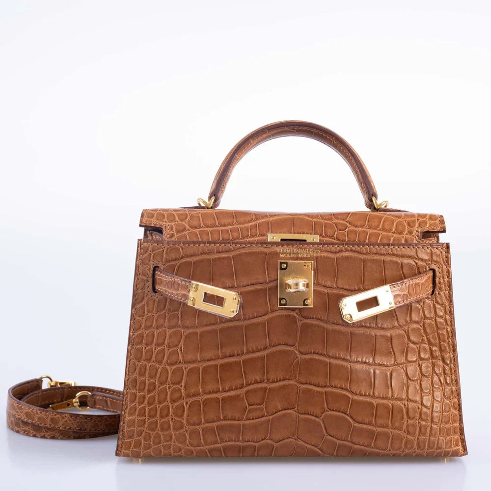 KELLY 20 MINI II SELLIER GOLD MATTE ALLIGATOR WITH GOLD HARDWARE