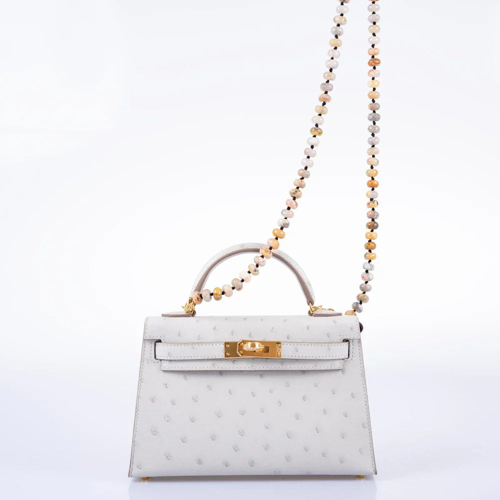 KELLY 20 MINI II SELLIER GRIS PERLE OSTRICH WITH GOLD HARDWARE