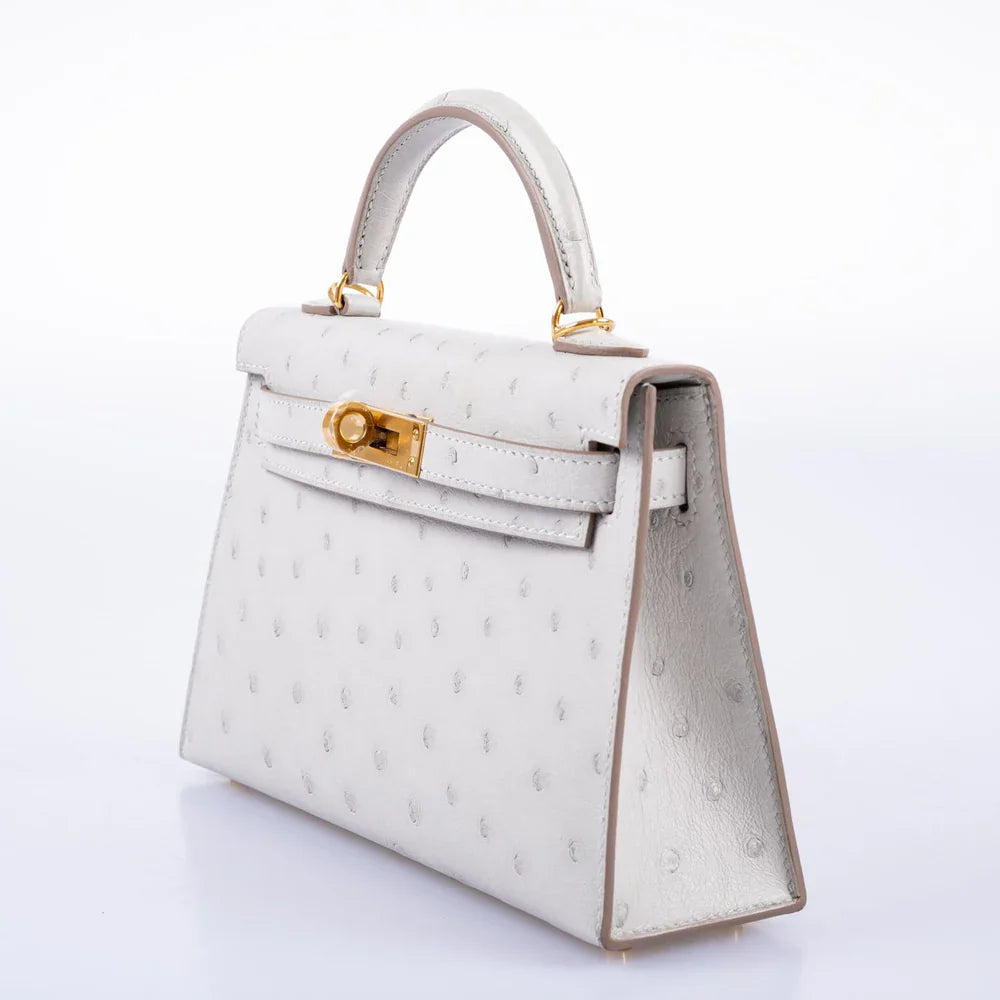 KELLY 20 MINI II SELLIER GRIS PERLE OSTRICH WITH GOLD HARDWARE