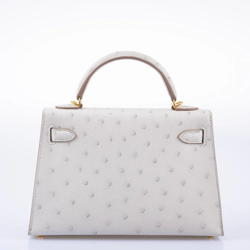 KELLY 20 MINI II SELLIER GRIS PERLE OSTRICH WITH GOLD HARDWARE
