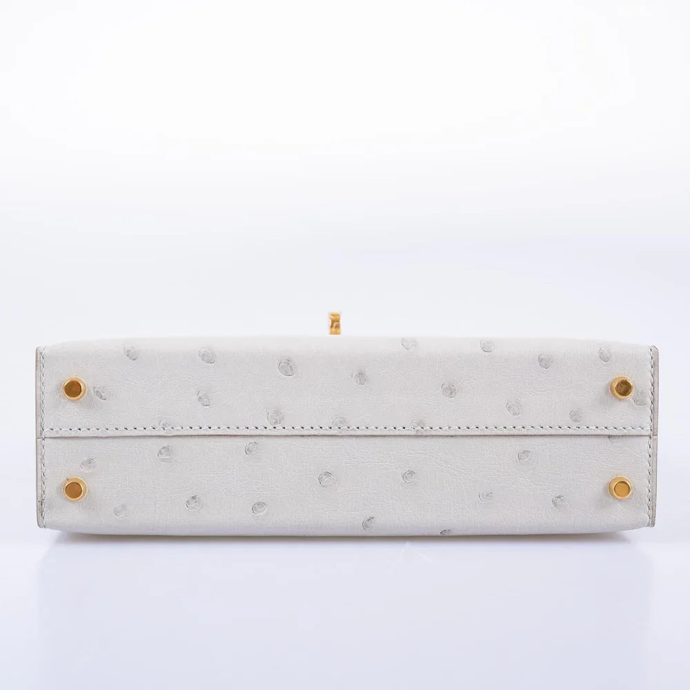 KELLY 20 MINI II SELLIER GRIS PERLE OSTRICH WITH GOLD HARDWARE