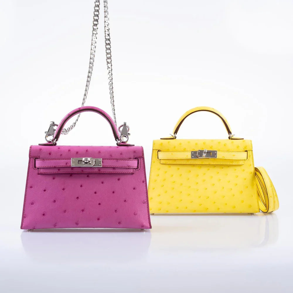 KELLY 20 MINI II SELLIER JAUNE CITRON OSTRICH PALLADIUM HARDWARE