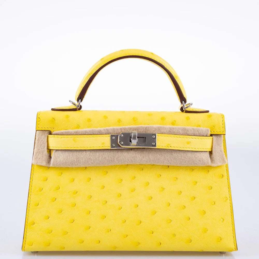 KELLY 20 MINI II SELLIER JAUNE CITRON OSTRICH PALLADIUM HARDWARE