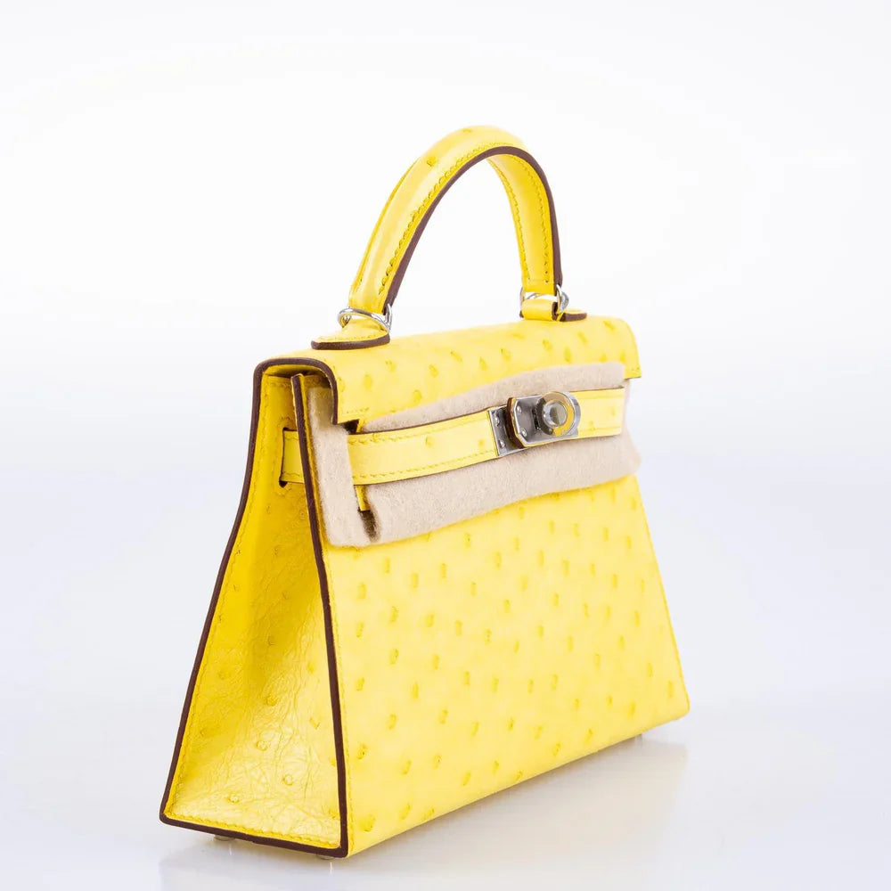 KELLY 20 MINI II SELLIER JAUNE CITRON OSTRICH PALLADIUM HARDWARE