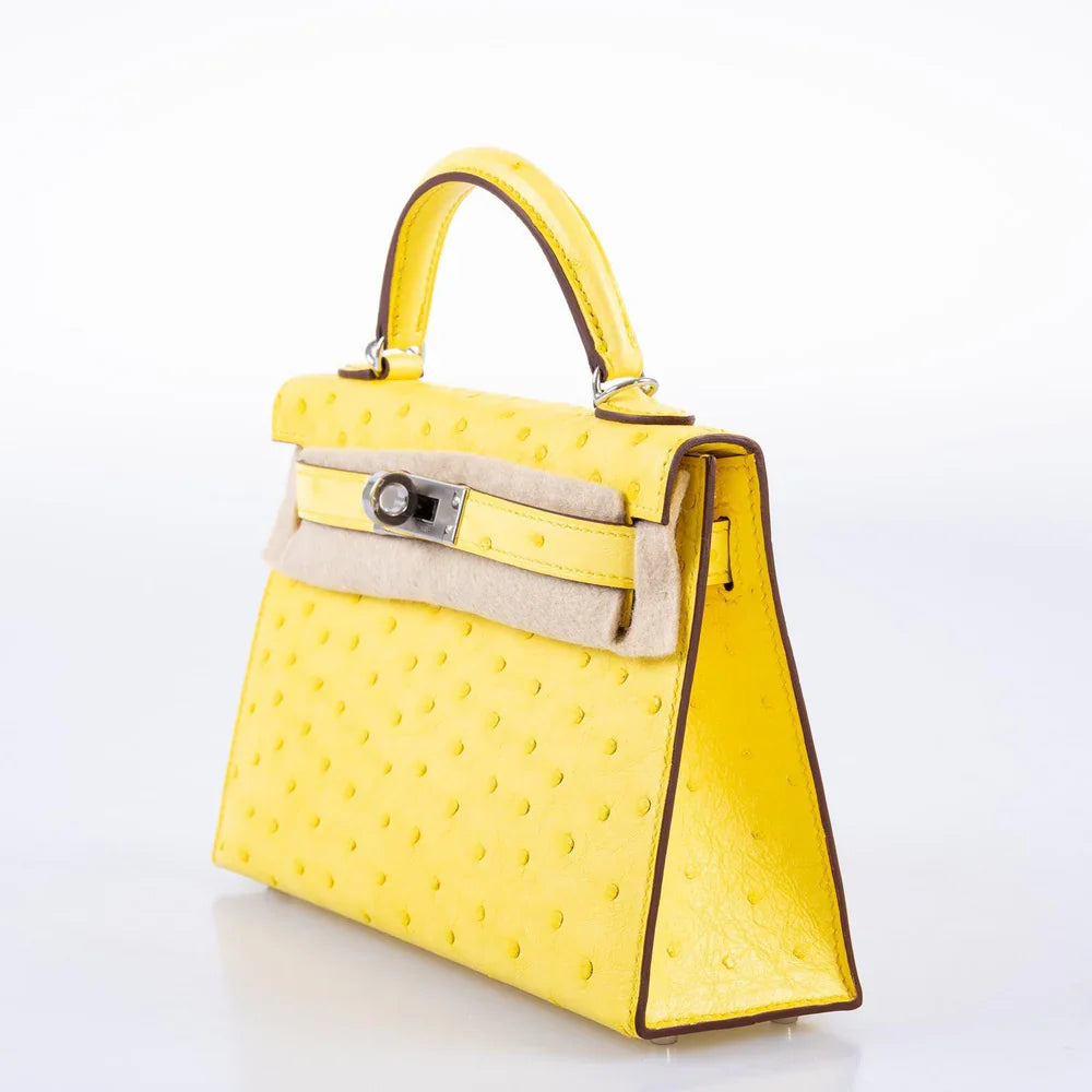 KELLY 20 MINI II SELLIER JAUNE CITRON OSTRICH PALLADIUM HARDWARE