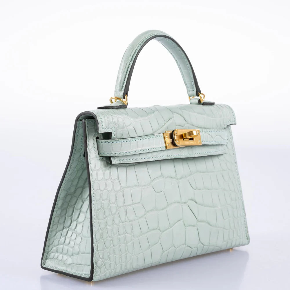 KELLY 20 MINI II SELLIER VERT D'EAU MATTE ALLIGATOR GOLD HARDWARE