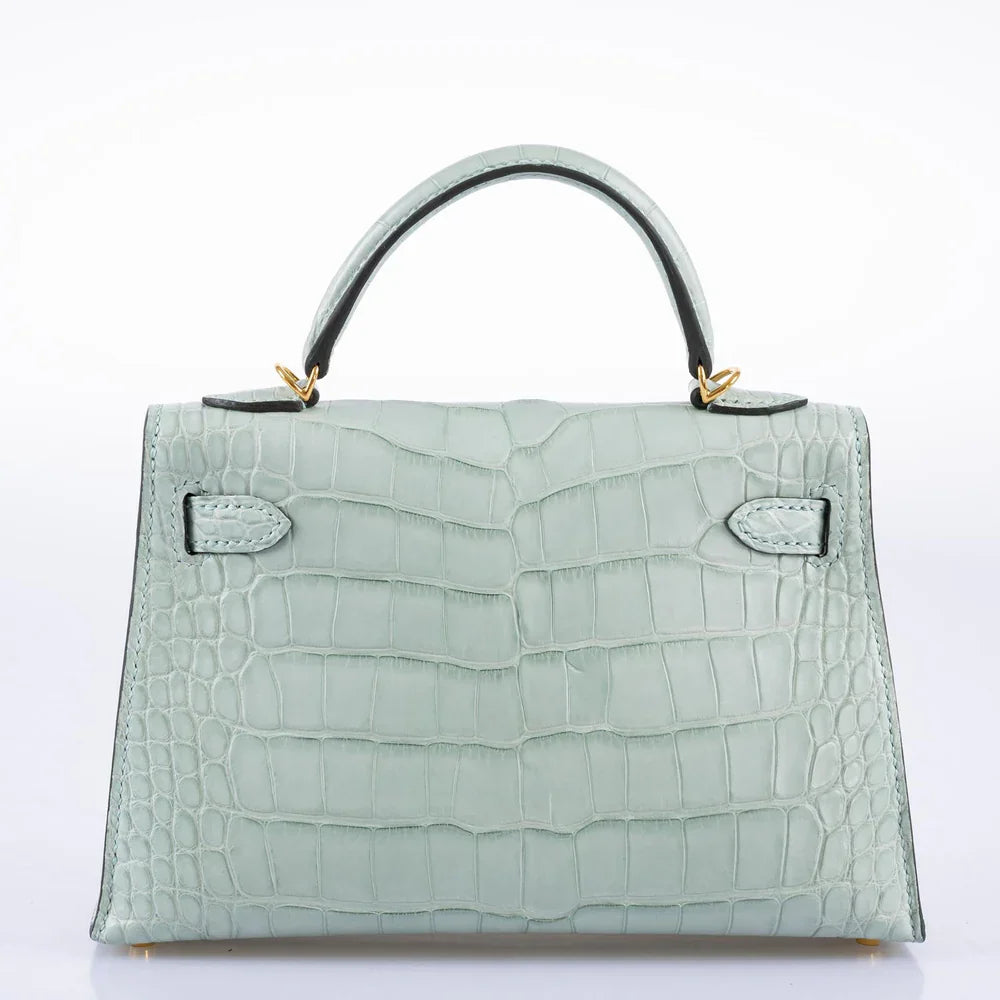 KELLY 20 MINI II SELLIER VERT D'EAU MATTE ALLIGATOR GOLD HARDWARE