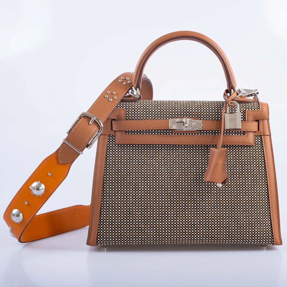 KELLY 25 SELLIER QUADRILLE SESAME SWIFT AND CANVAS PALLADIUM HARDWARE