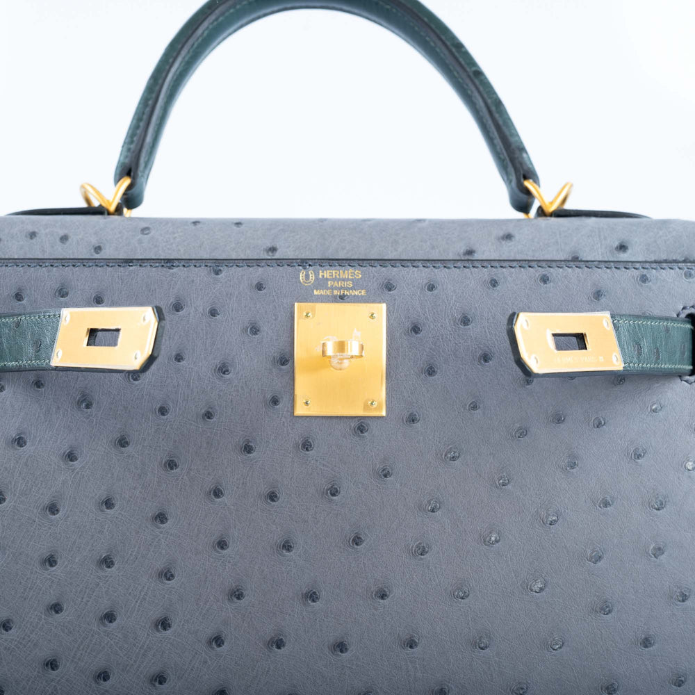 KELLY 28 HSS SELLIER GRIS AGATE AND VERT TITIEN OSTRICH BRUSHED GOLD HARDWARE