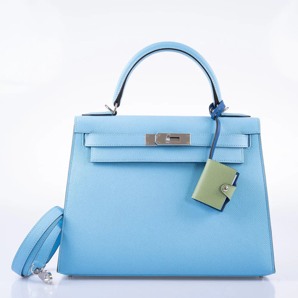 KELLY 28 SELLIER BLEU CELESTE EPSOM PALLADIUM HARDWARE