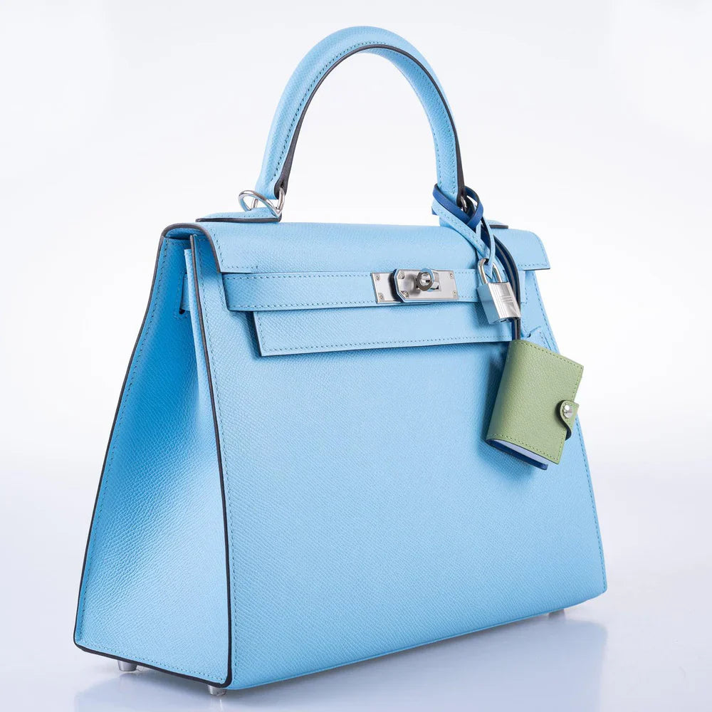KELLY 28 SELLIER BLEU CELESTE EPSOM PALLADIUM HARDWARE