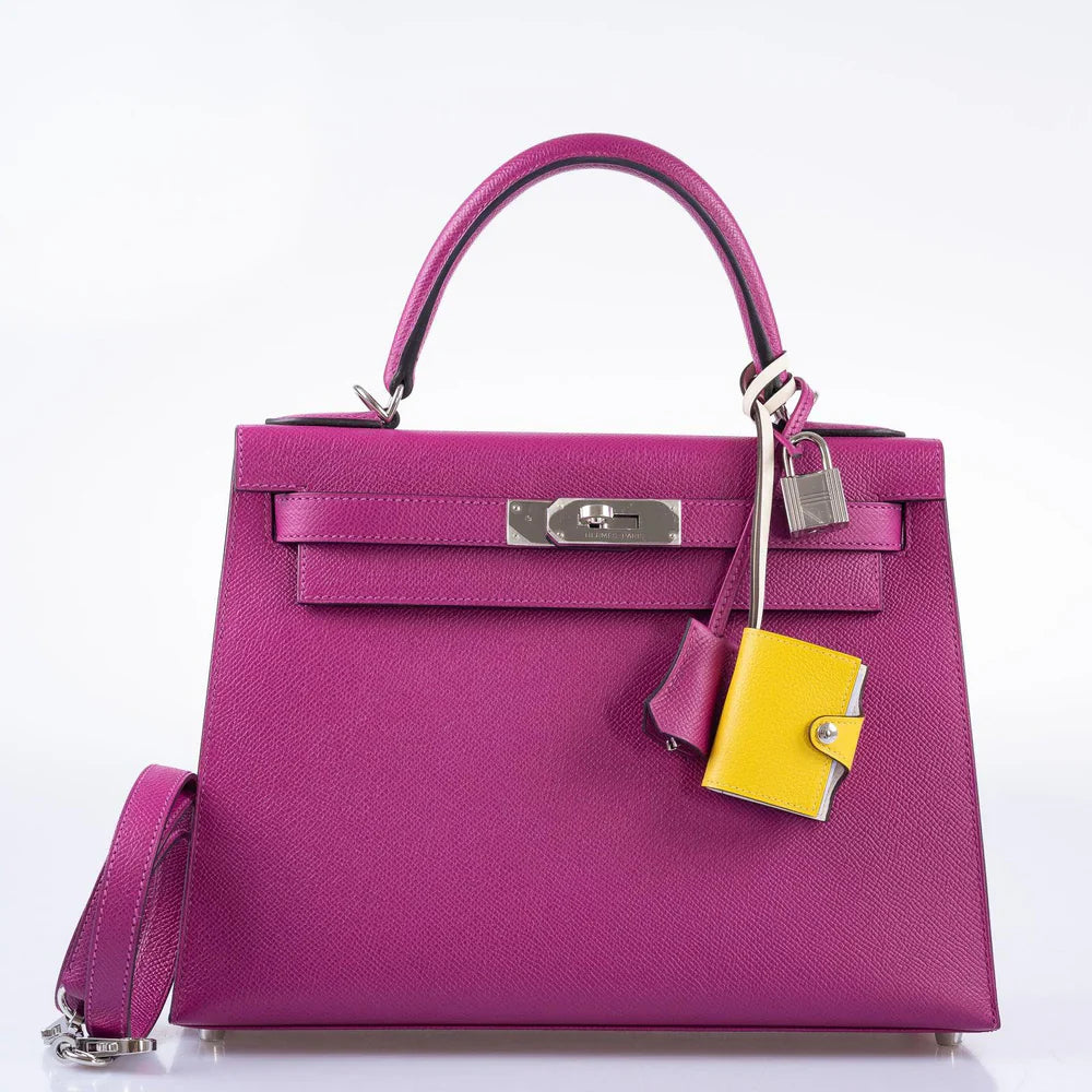 KELLY 28 SELLIER ROSE POURPRE EPSOM PALLADIUM HARDWARE