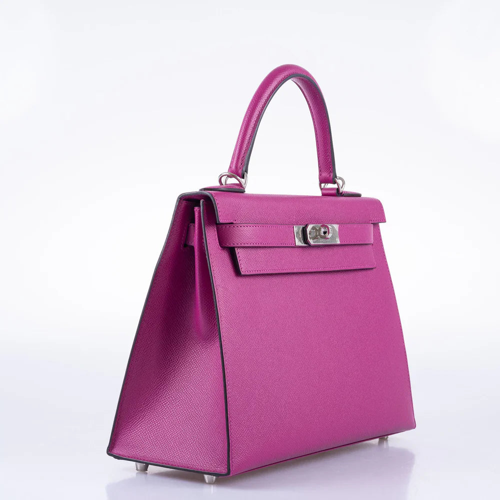 KELLY 28 SELLIER ROSE POURPRE EPSOM PALLADIUM HARDWARE