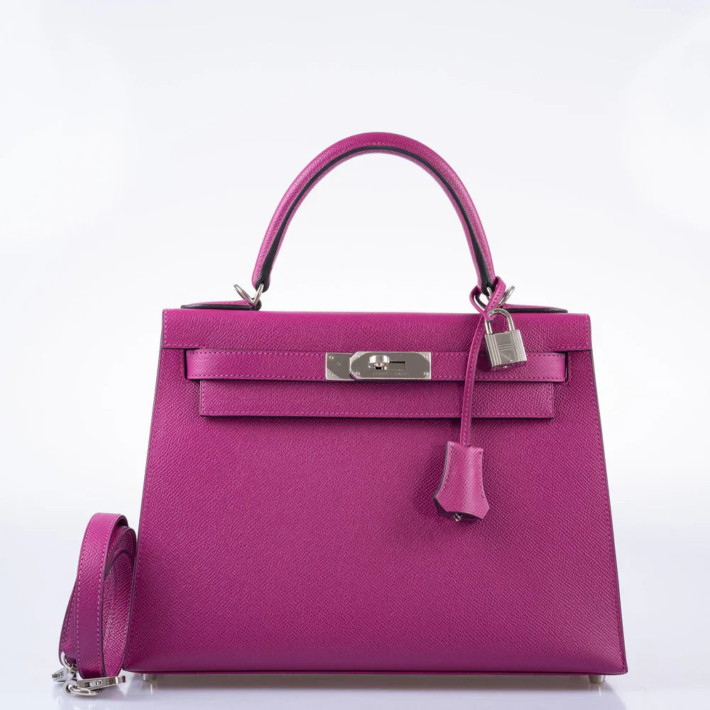KELLY 28 SELLIER ROSE POURPRE EPSOM PALLADIUM HARDWARE
