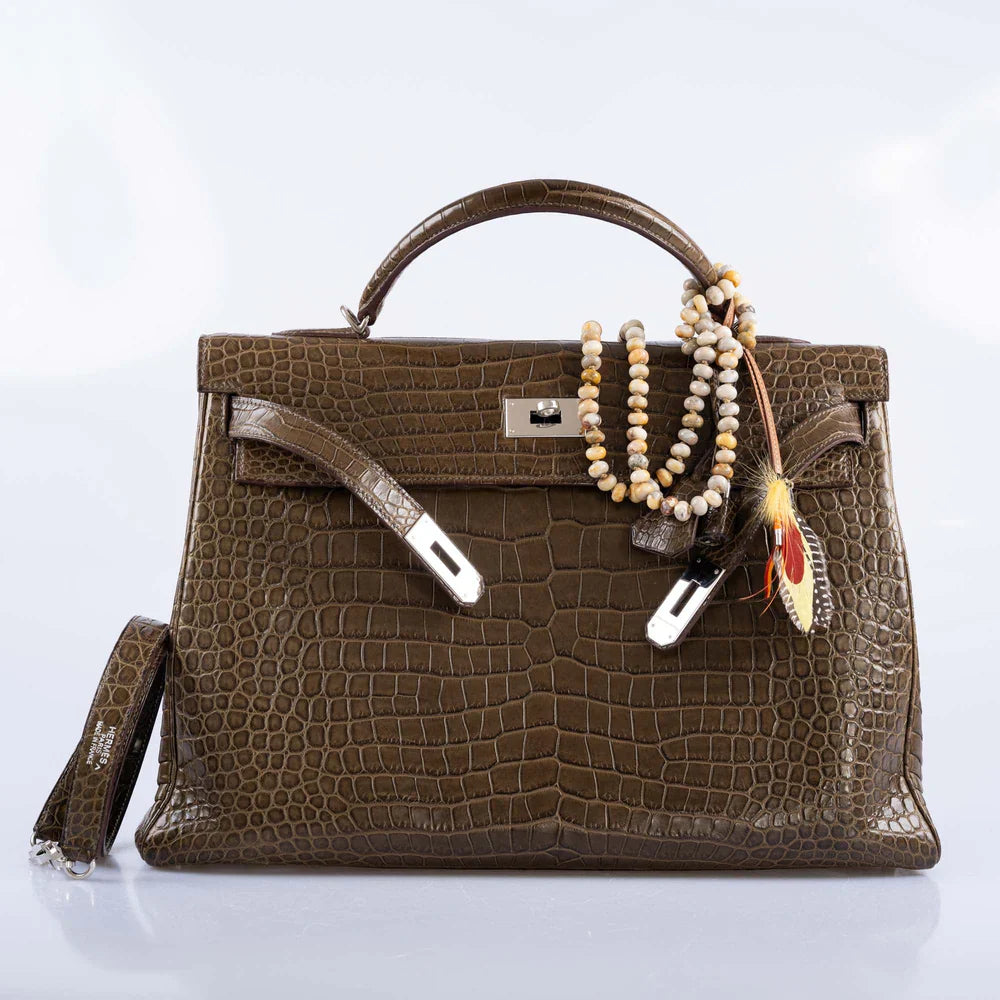 KELLY 40 RETOURNE GRIS ELEPHANT MATTE POROSUS CROCODILE PALLADIUM HARDWARE