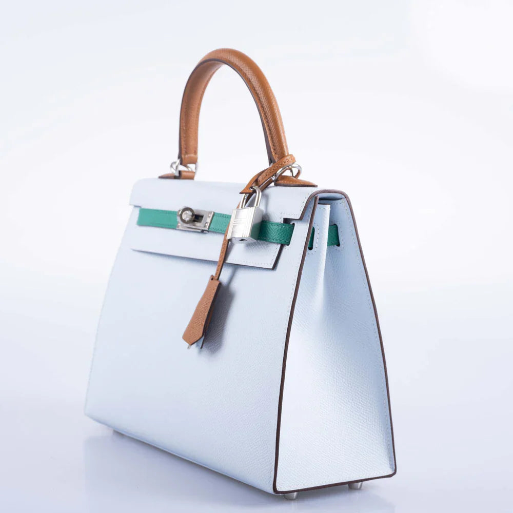KELLY SELLIER 25 TRI-COLOR BLEU BRUME, VERT JADE AND GOLD EPSOM PALLADIUM HARDWARE
