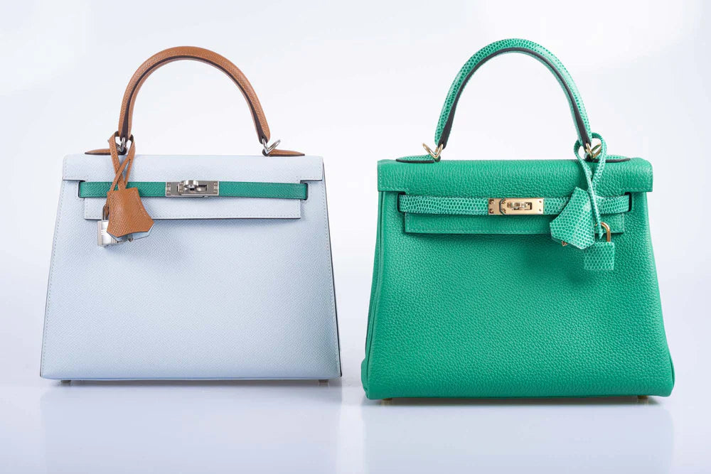 KELLY SELLIER 25 TRI-COLOR BLEU BRUME, VERT JADE AND GOLD EPSOM PALLADIUM HARDWARE