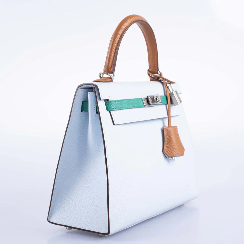 KELLY SELLIER 25 TRI-COLOR BLEU BRUME, VERT JADE AND GOLD EPSOM PALLADIUM HARDWARE