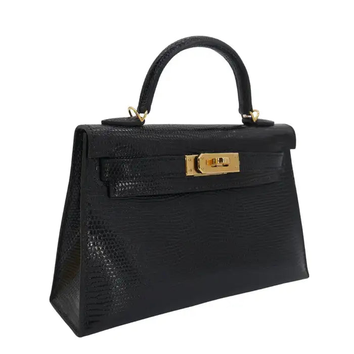 Kelly II Sellier Mini Black Shiny Lizard Gold Hardware