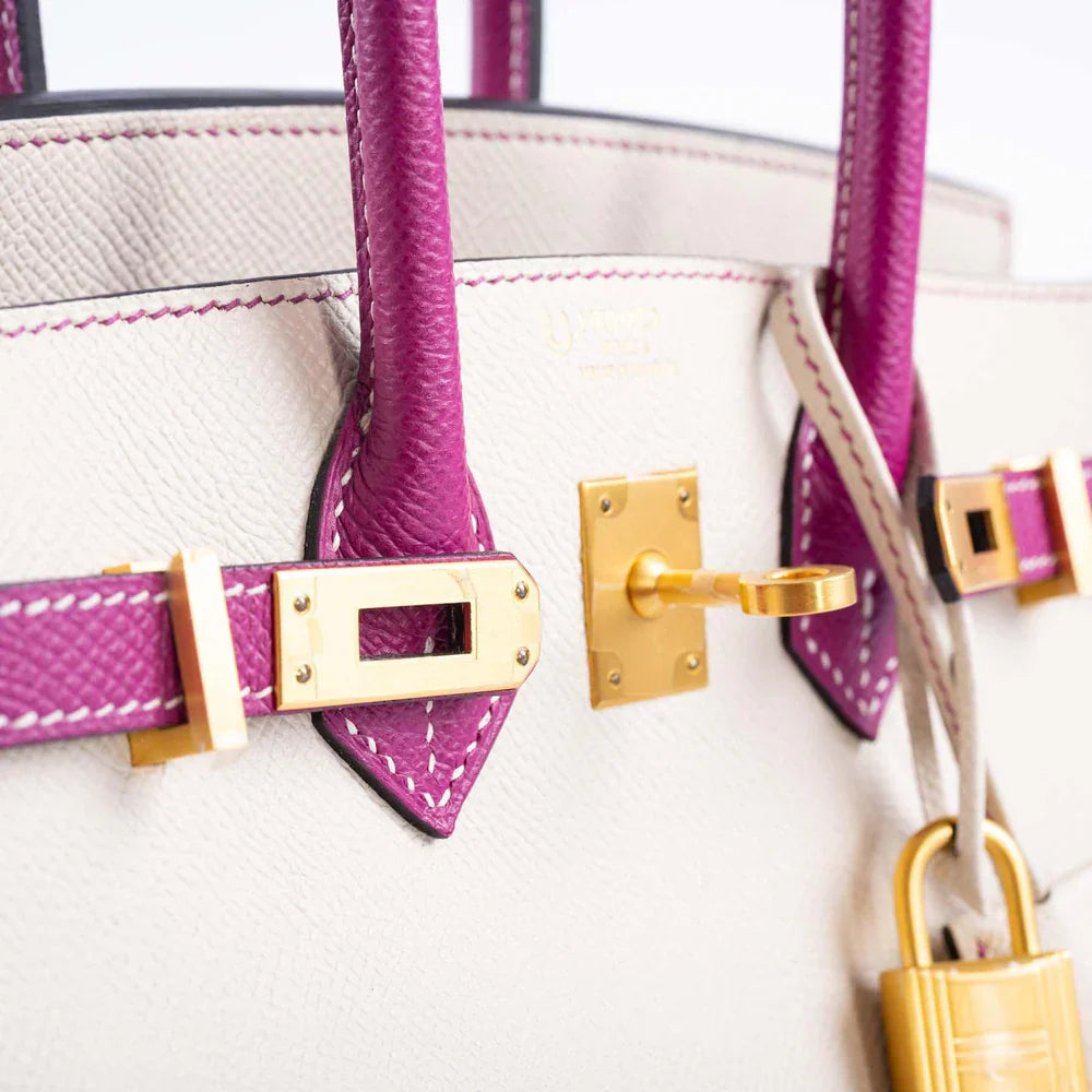 BIRKIN 25 HSS ROSE POURPRE AND CRAIE EPSOM WITH BRUSHED GOLD HARDWARE
