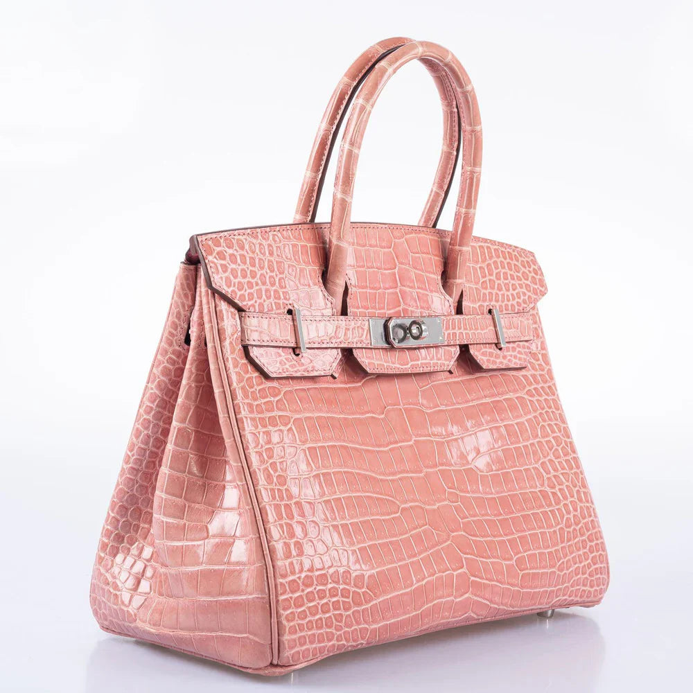 BIRKIN 30 ROSE INDIENNES SHINY POROSUS CROCODILE PALLADIUM HARDWARE