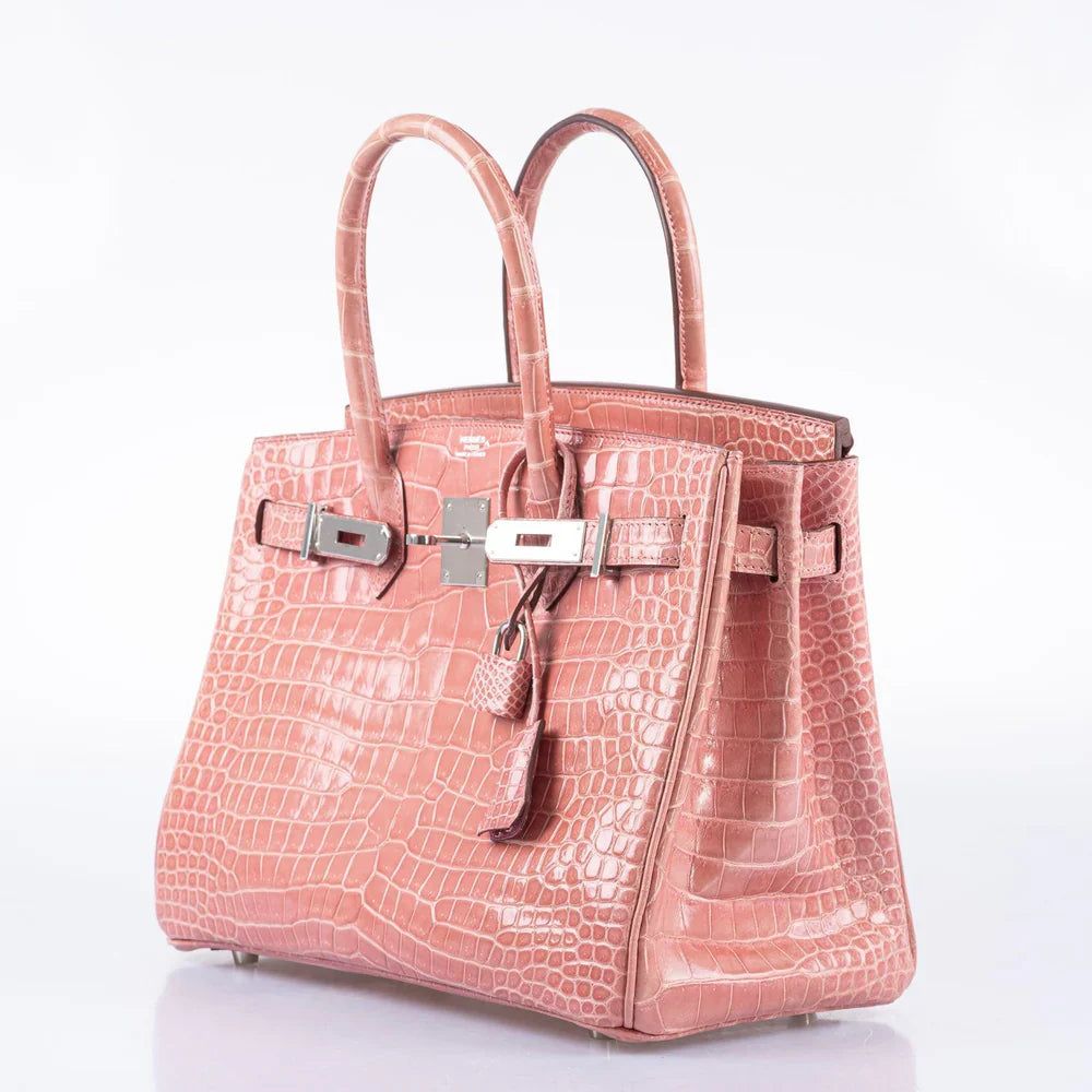 BIRKIN 30 ROSE INDIENNES SHINY POROSUS CROCODILE PALLADIUM HARDWARE