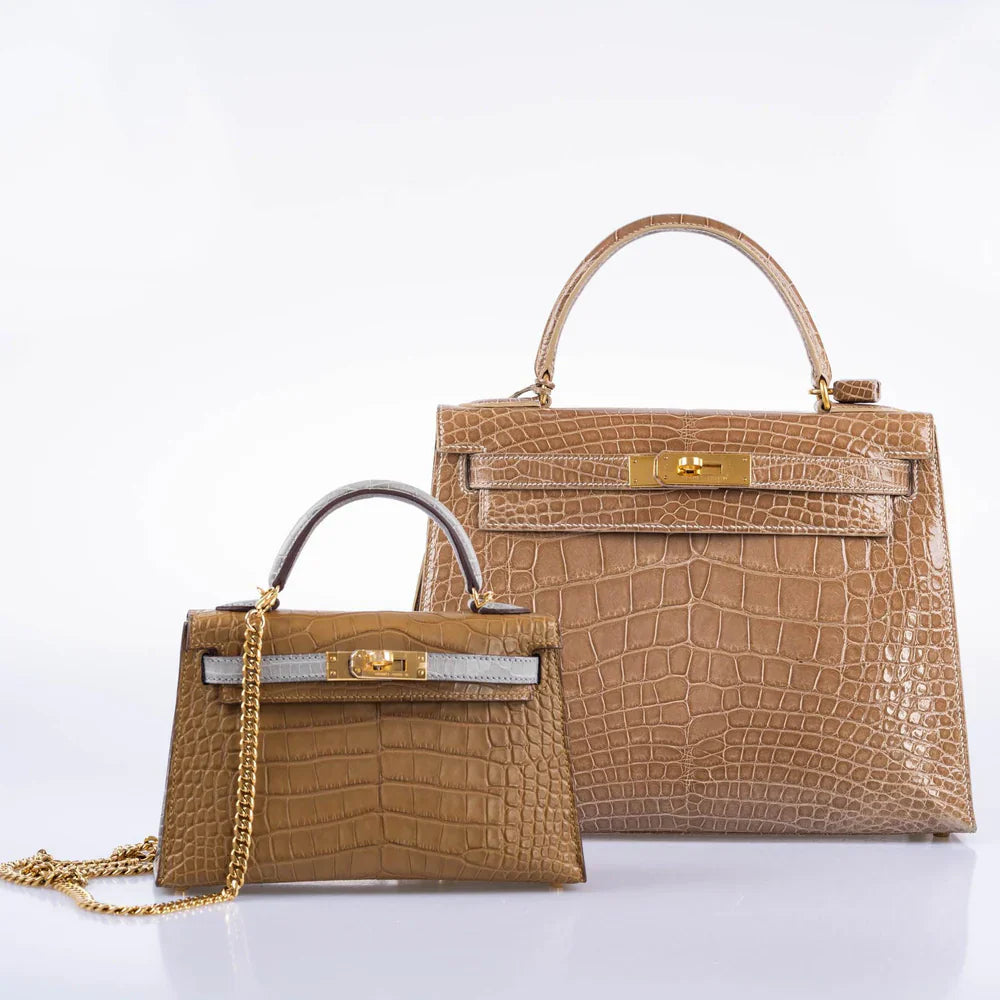 HSS KELLY 20 MINI II SELLIER KRAFT AND GRIS PERLE MATTE ALLIGATOR WITH GOLD HARDWARE
