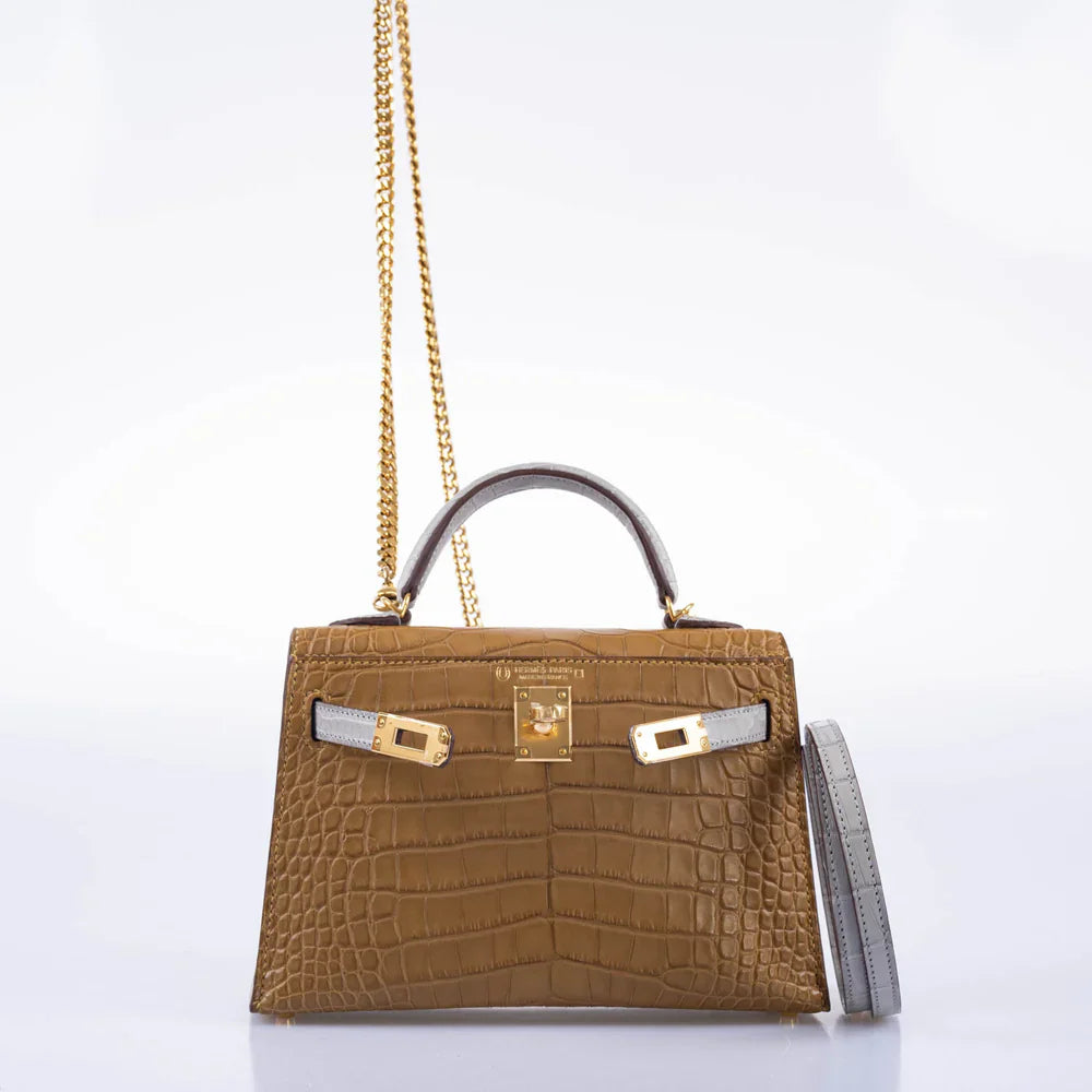 HSS KELLY 20 MINI II SELLIER KRAFT AND GRIS PERLE MATTE ALLIGATOR WITH GOLD HARDWARE