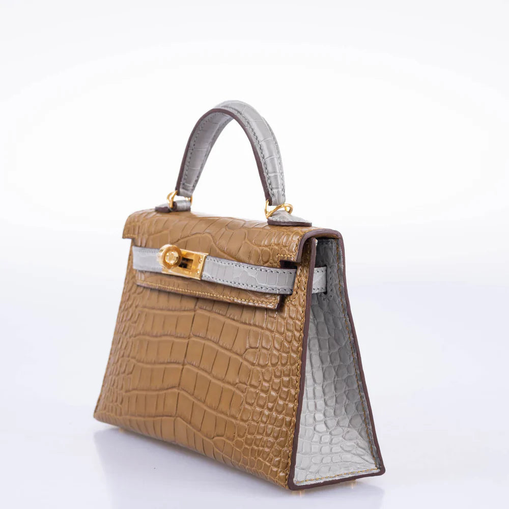 HSS KELLY 20 MINI II SELLIER KRAFT AND GRIS PERLE MATTE ALLIGATOR WITH GOLD HARDWARE