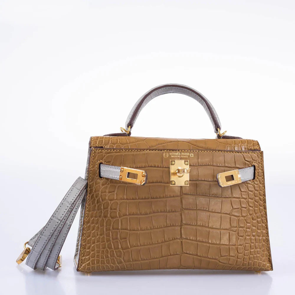 HSS KELLY 20 MINI II SELLIER KRAFT AND GRIS PERLE MATTE ALLIGATOR WITH GOLD HARDWARE