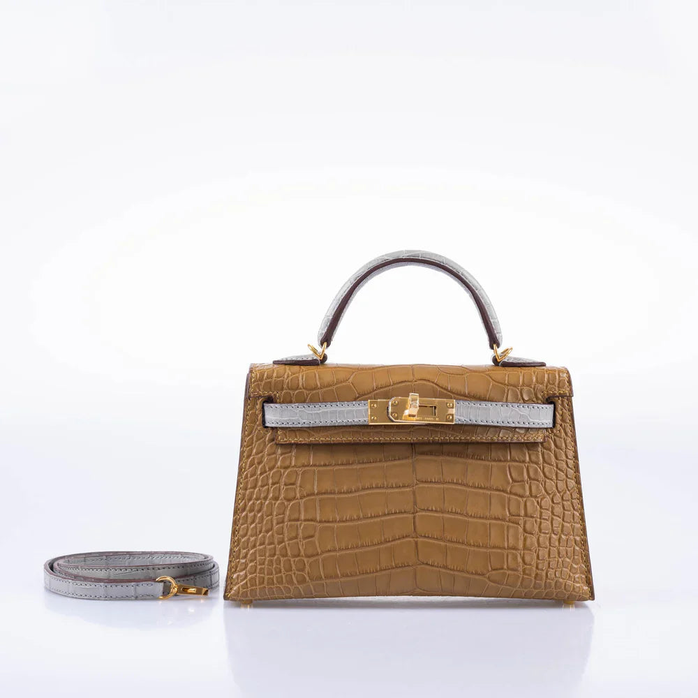 HSS KELLY 20 MINI II SELLIER KRAFT AND GRIS PERLE MATTE ALLIGATOR WITH GOLD HARDWARE