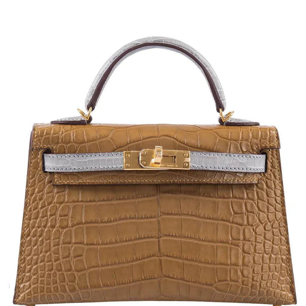HSS KELLY 20 MINI II SELLIER KRAFT AND GRIS PERLE MATTE ALLIGATOR WITH GOLD HARDWARE
