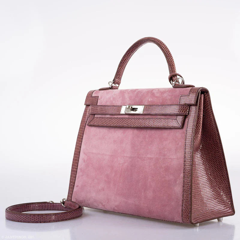 HSS Kelly 32 Sellier Mauve Lizard and Rose Indienne Doblis Suede Palladium Hardware