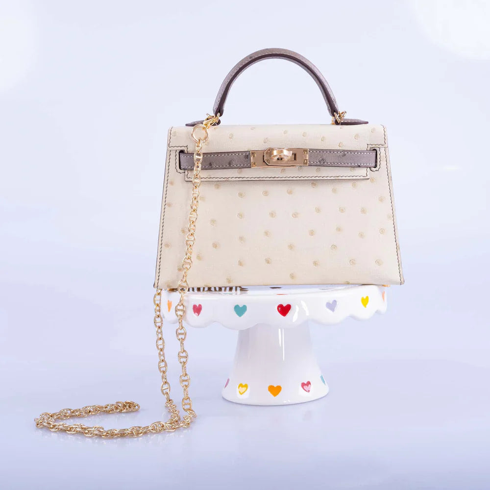 HSS KELLY MINI 20 SELLIER PARCHMENT AND ETOUPE OSTRICH CHAMPAGNE HARDWARE