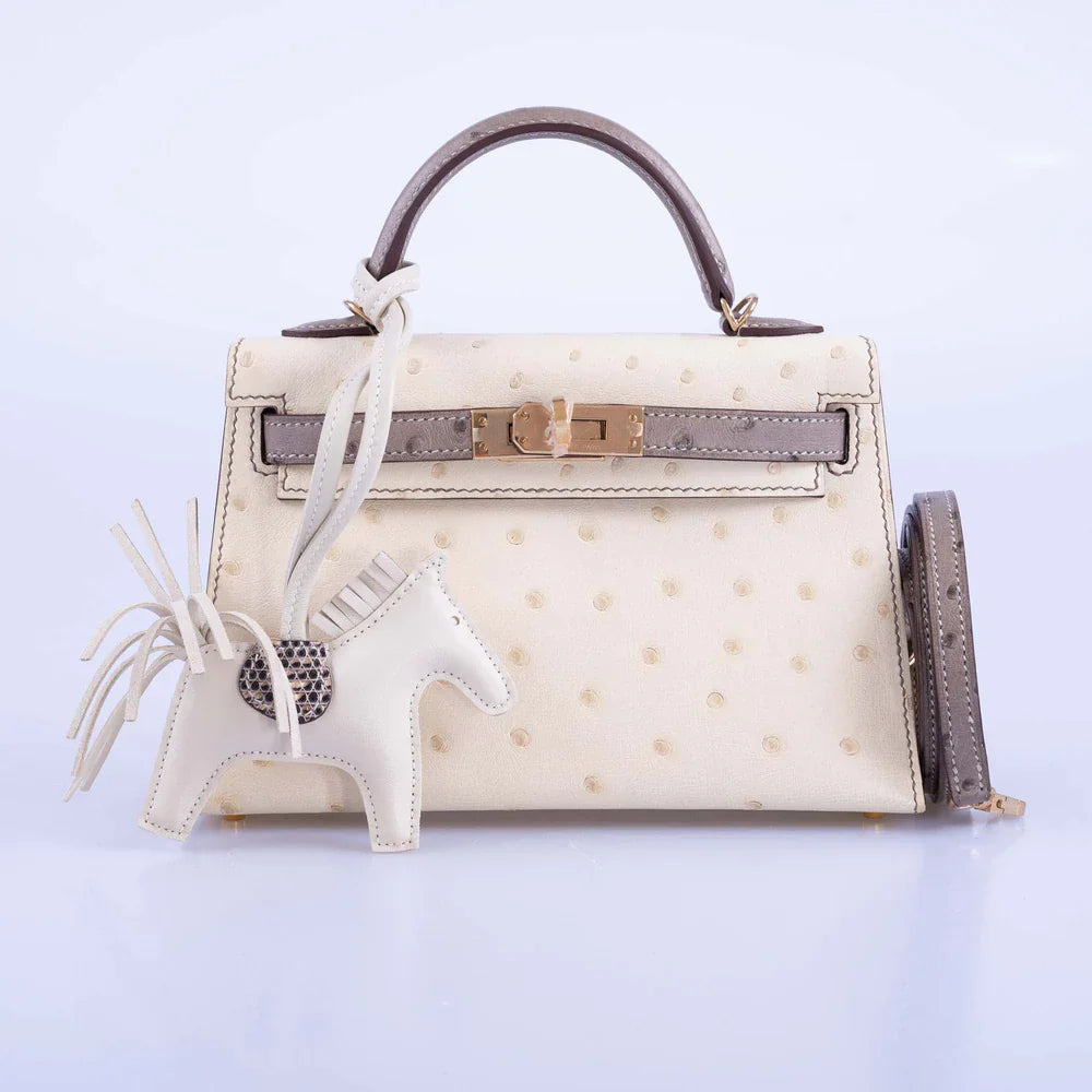 HSS KELLY MINI 20 SELLIER PARCHMENT AND ETOUPE OSTRICH CHAMPAGNE HARDWARE