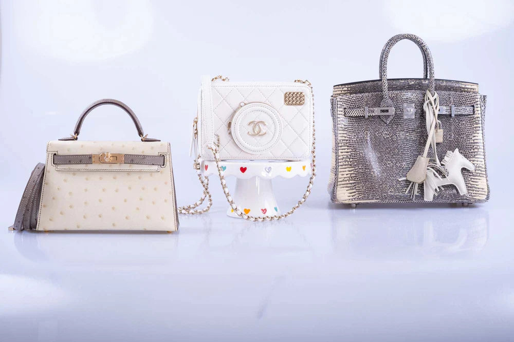 HSS KELLY MINI 20 SELLIER PARCHMENT AND ETOUPE OSTRICH CHAMPAGNE HARDWARE