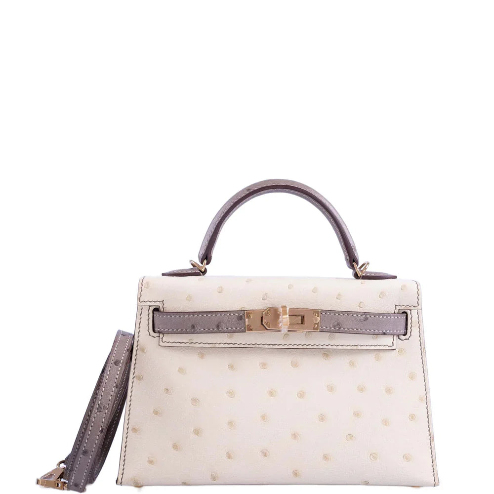 HSS KELLY MINI 20 SELLIER PARCHMENT AND ETOUPE OSTRICH CHAMPAGNE HARDWARE