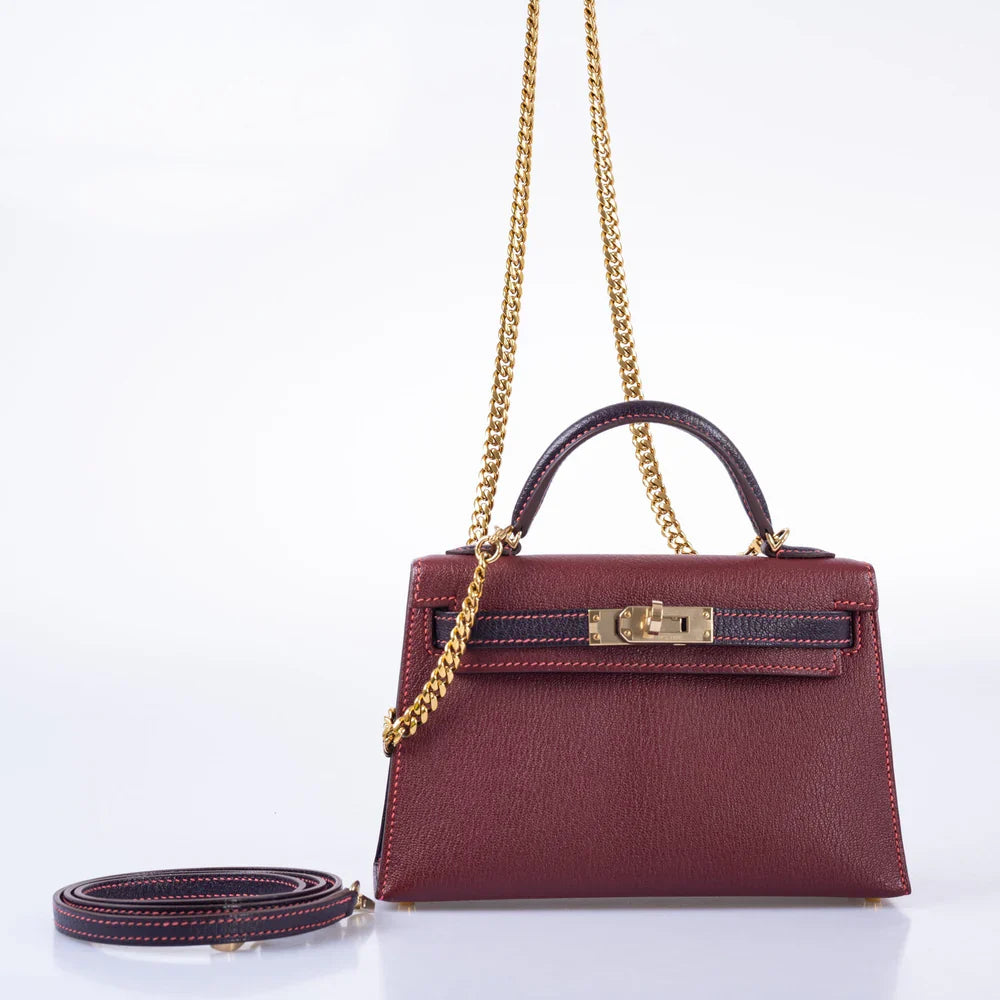 HSS MINI KELLY 20 BORDEAUX AND RAISIN CHEVRE GOLD HARDWARE