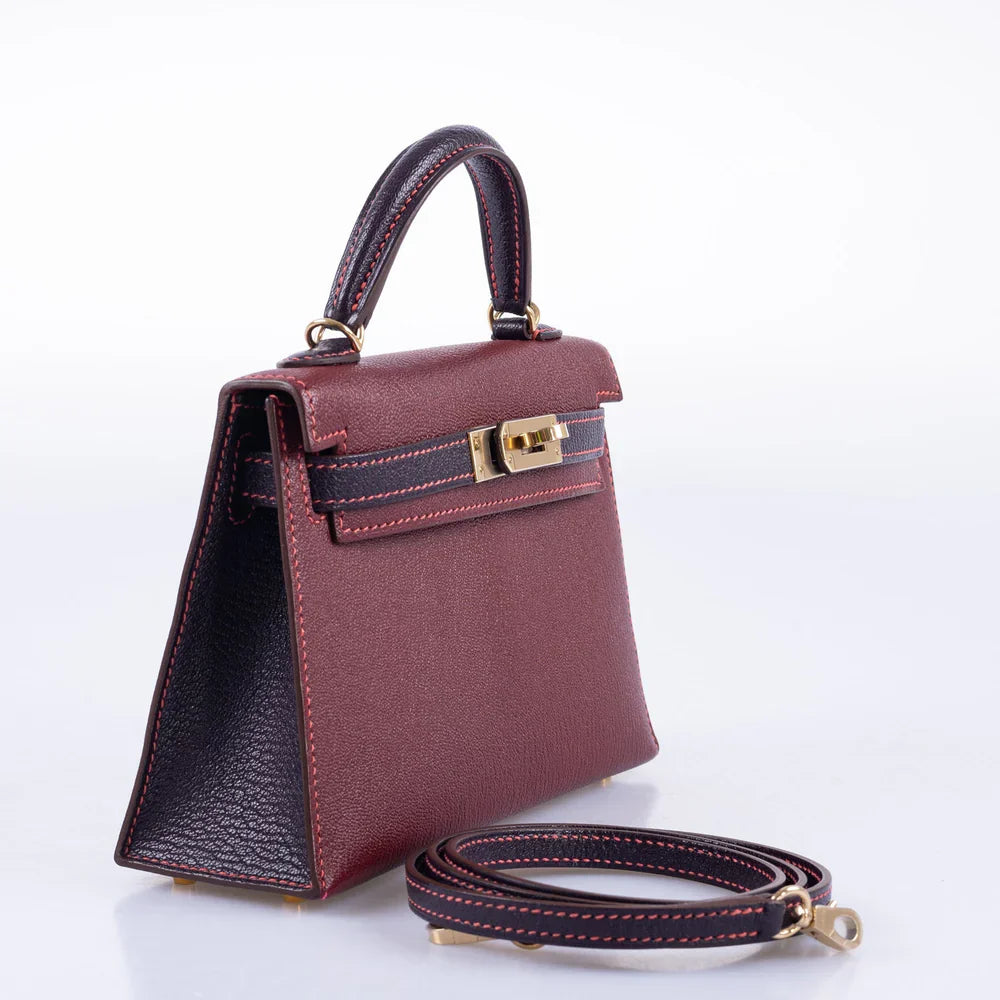 HSS MINI KELLY 20 BORDEAUX AND RAISIN CHEVRE GOLD HARDWARE